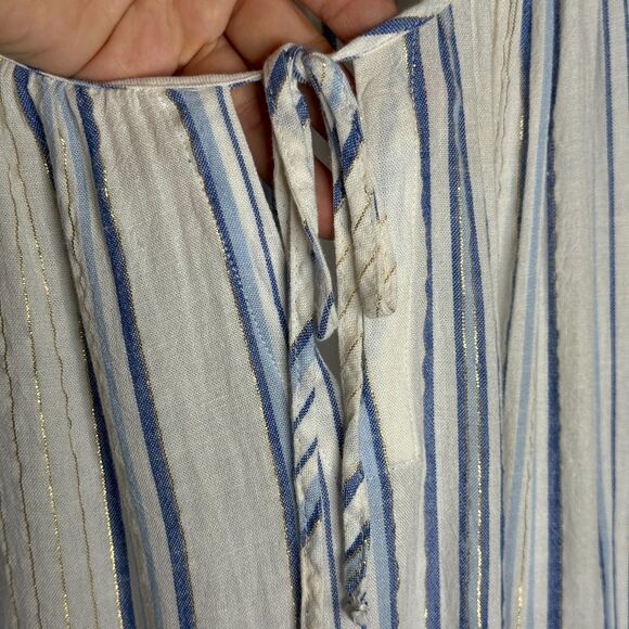 Cato Womens Blouse Large White Blue Gold Striped Boho‎ Ruffle Coastal Nautical - Picture 8 of 9